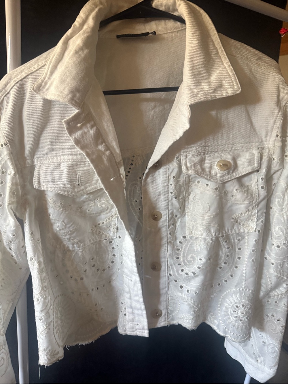 Vici White Eyelet Cropped Jean Jacket